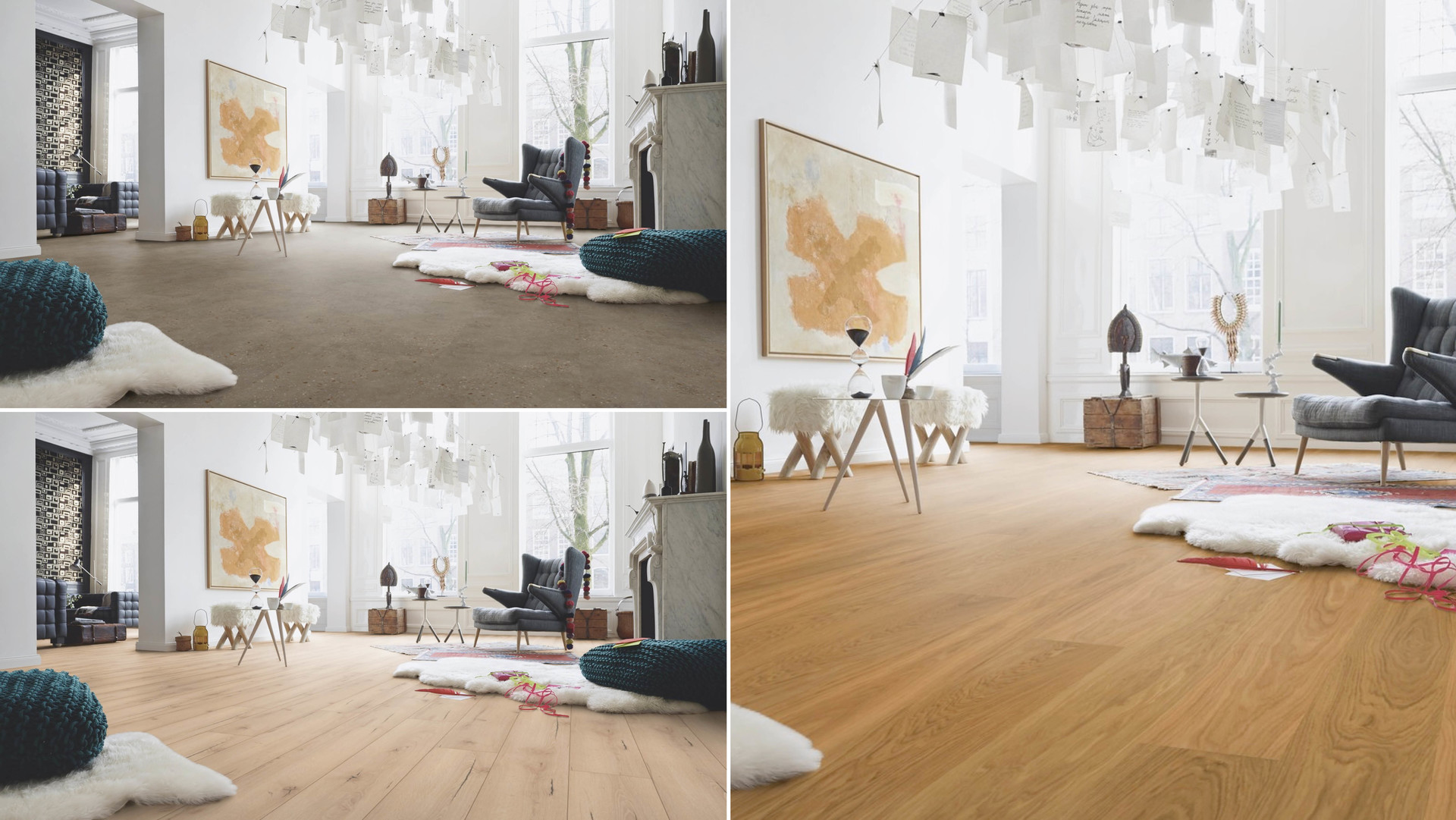 Bildcollage: drei verschiedene Bodentypen in einem Raum