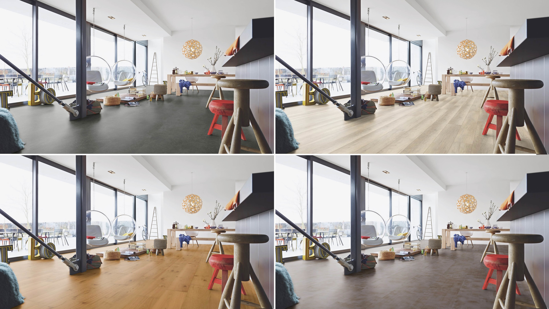 Bildcollage mit 4 verschiedenen Böden im gleichen Raum.