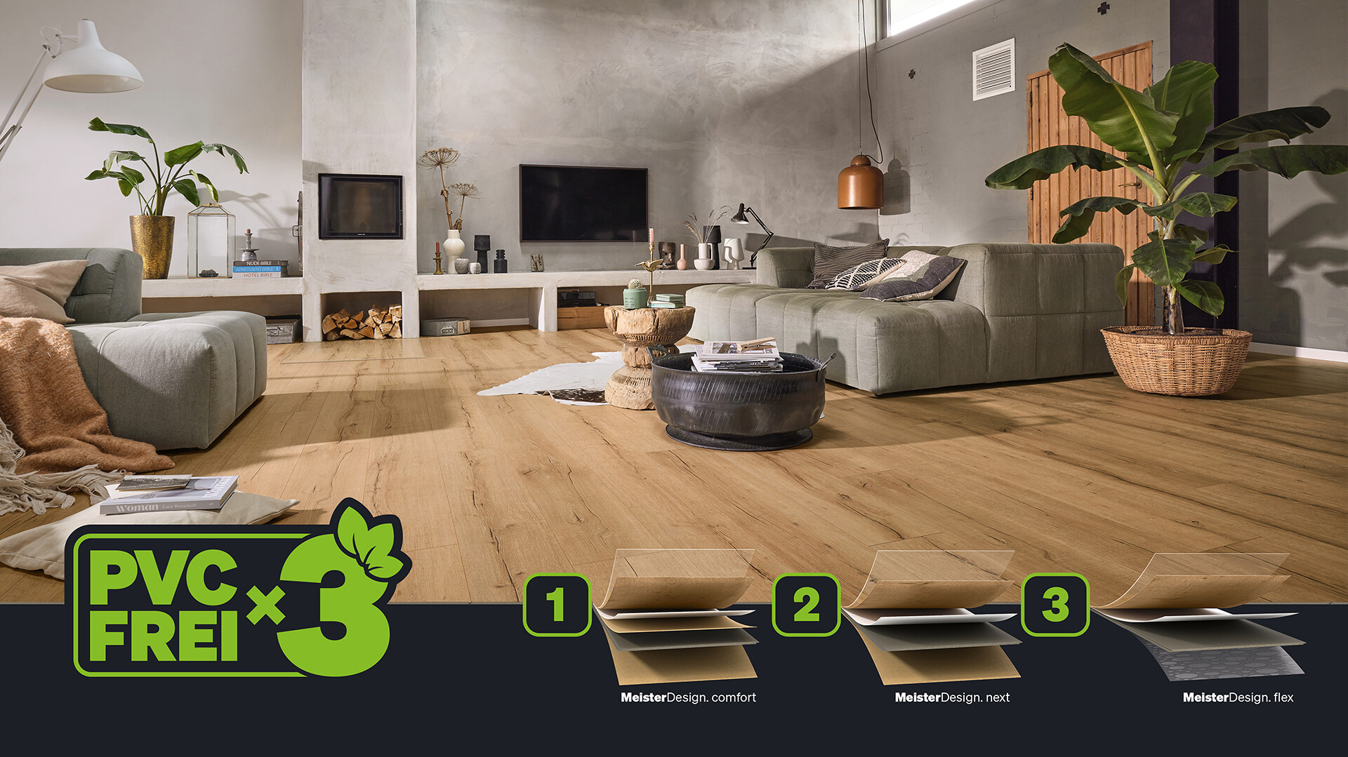 Kampagnenmotiv Designboden MeisterDesign WOOD: Darstellung der 3 PVC-freien Produktaufbauten