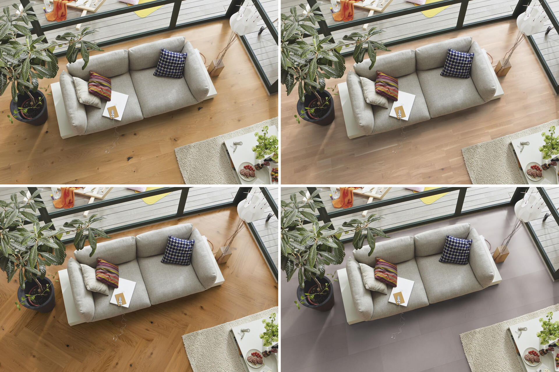 Landhausdiele, Schiffsboden, Fischgrät und Fliese: alle Bodenformate auf einen Blick Collage aus den vier häufigsten Formaten beim Boden