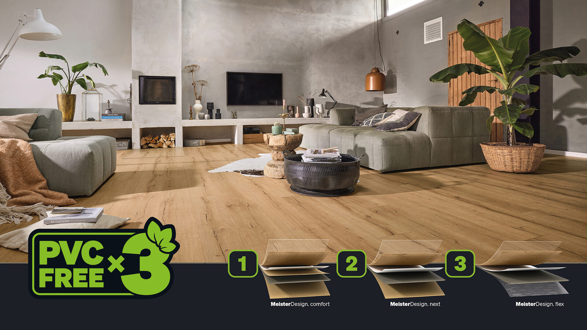 Kampagnenmotiv Designboden MeisterDesign WOOD: Darstellung der 3 PVC-freien Produktaufbauten