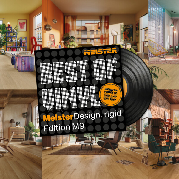 Kampagnenmotiv auf einer Collage aus den sechs Vinylböden in verschiedenen Raumsituationen