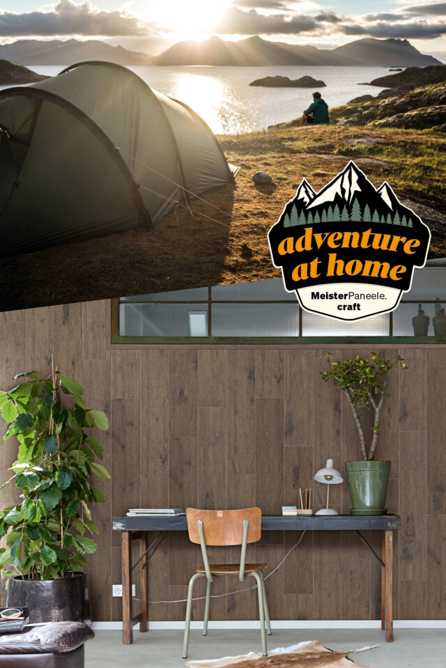 Bring dir die Natur mit nach Hause: mit den Echtholzpaneelen von MEISTER Collage aus einem Bild mit einer tollen Aussicht von einem Zeltplatz auf Wasser und Berge und einem Raum mit natürlichen Holzpaneelen an der Wand