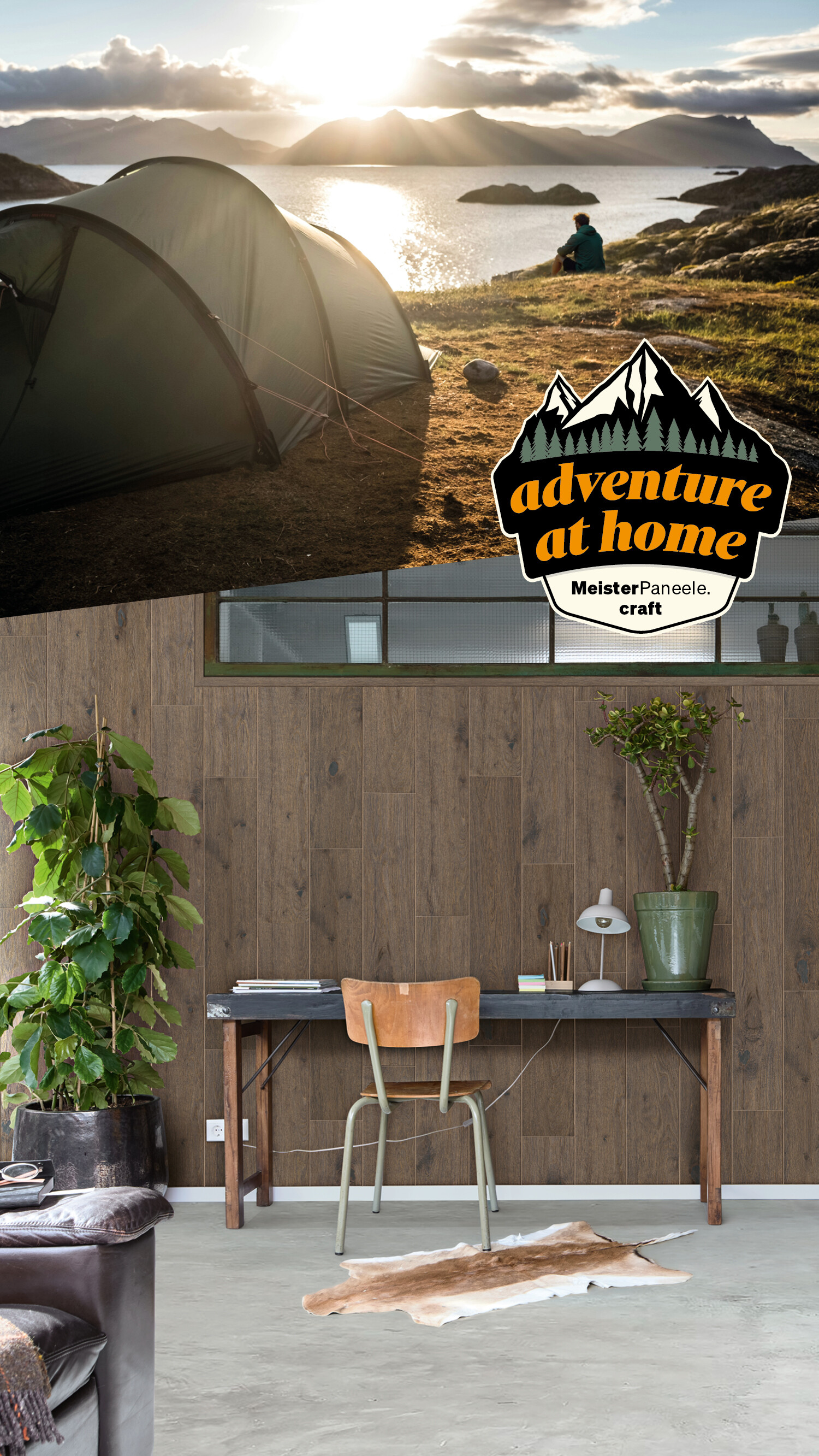 MEISTER Holzpaneele - authentische Echtholzpaneele für deine Wände und Decken Paneele aus Echtholz Eiche olivgrau an einer Wand hinter einem Homeoffice Arbeitsplatz. Darüber ein Naturbild mit Blick aus einem Zelt auf wunderschöne Landschaft.