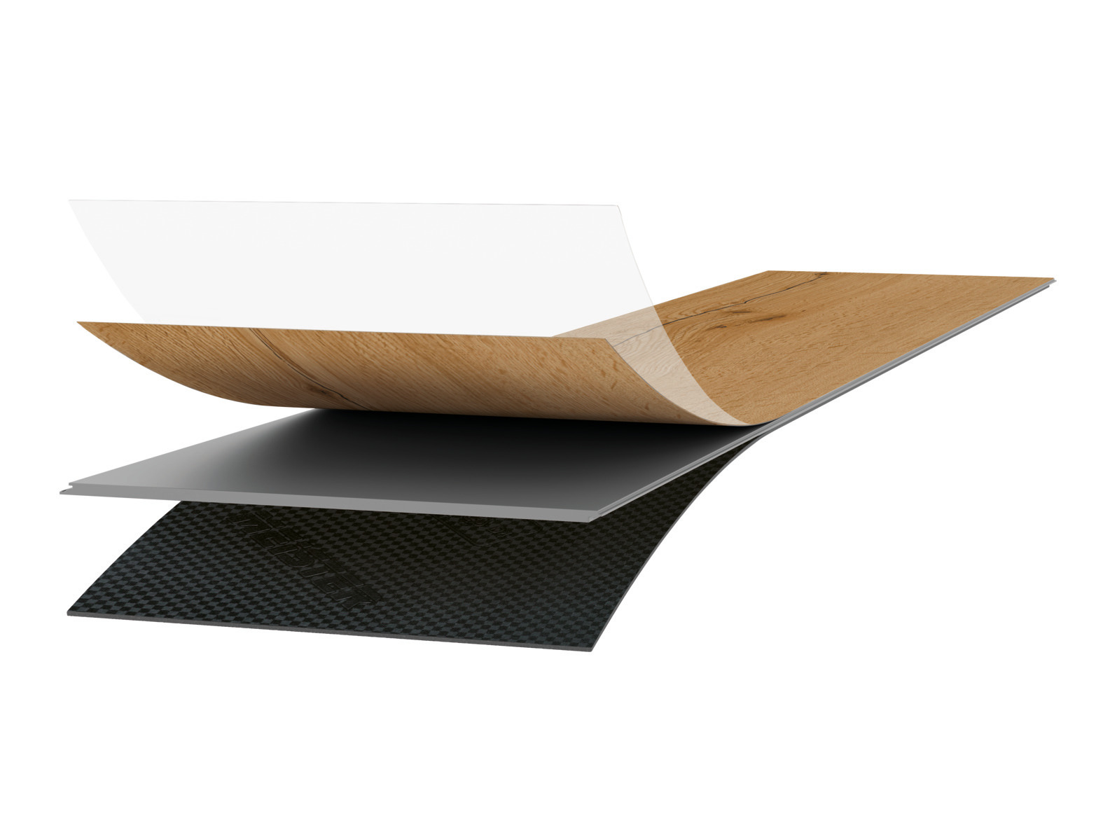 a. Mehrlagige Vinyloberfläche (Nutzschicht 0,3 mm) mit matter PUR-Lackierung
b. Dekorschicht
c. Rigid-Polymer-Trägerplatte - wasserfest 
d. Integrierter Schallschutz: 1 mm druckstabiler IXPE-Schaum