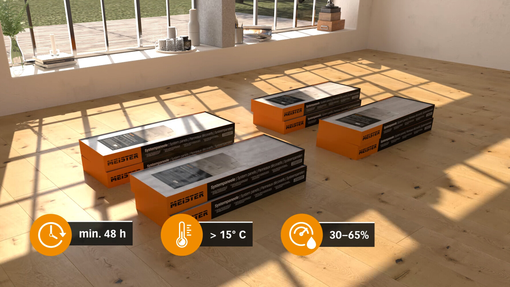 Systempaneele müssen sich vor der Verlegung im Raum akklimatisieren Systempaneele müssen sich vor der Verlegung im Raum akklimatisieren