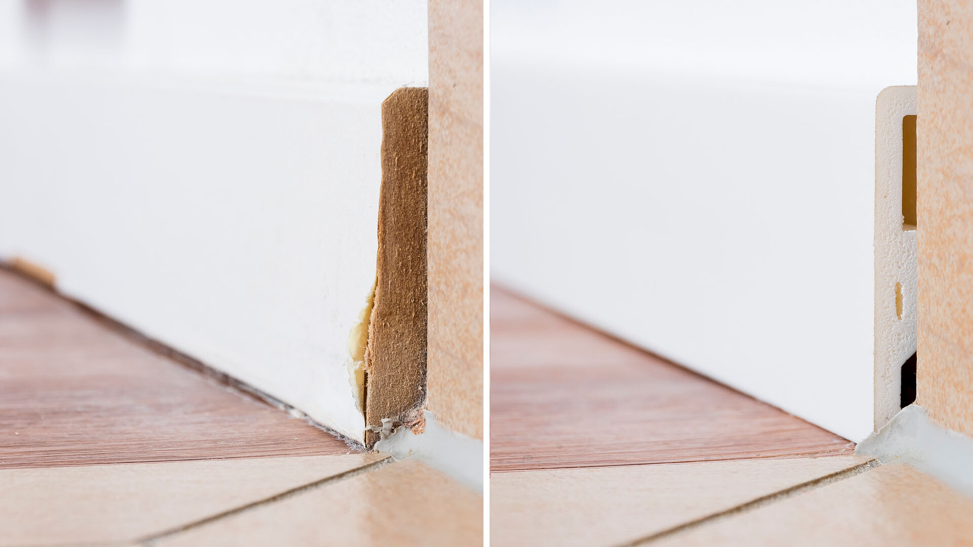 Vergleich: normale MDF-Leiste aufgequollen links vs. wasserfeste Fußleiste rechts Vergleich: normale MDF-Leiste aufgequollen links vs. wasserfeste Fußleiste rechts