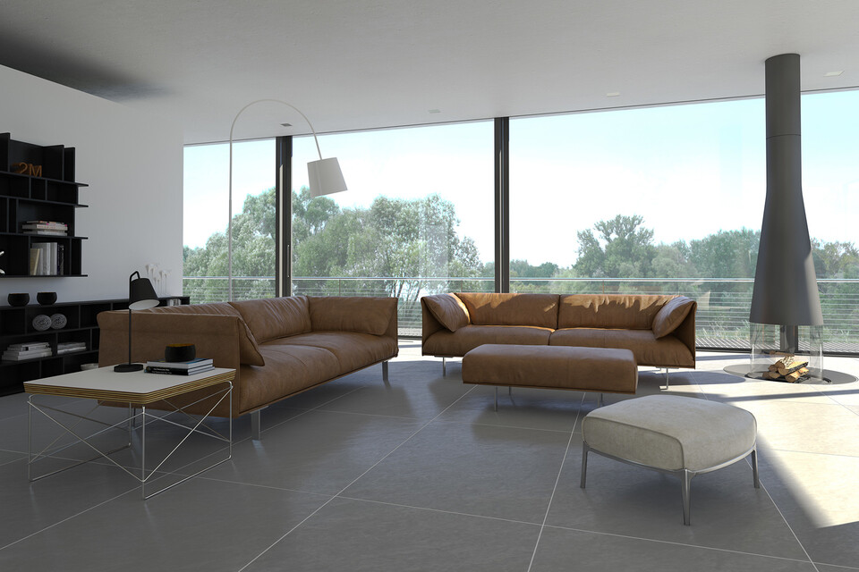 Große graue Fliesen in einem Wohnzimmer - Adobe Stock